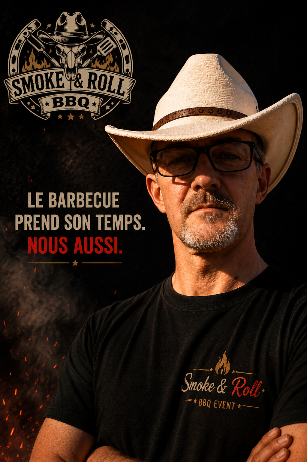 Le pitmaster de Smoke & Roll en chapeau, devant le fumoir