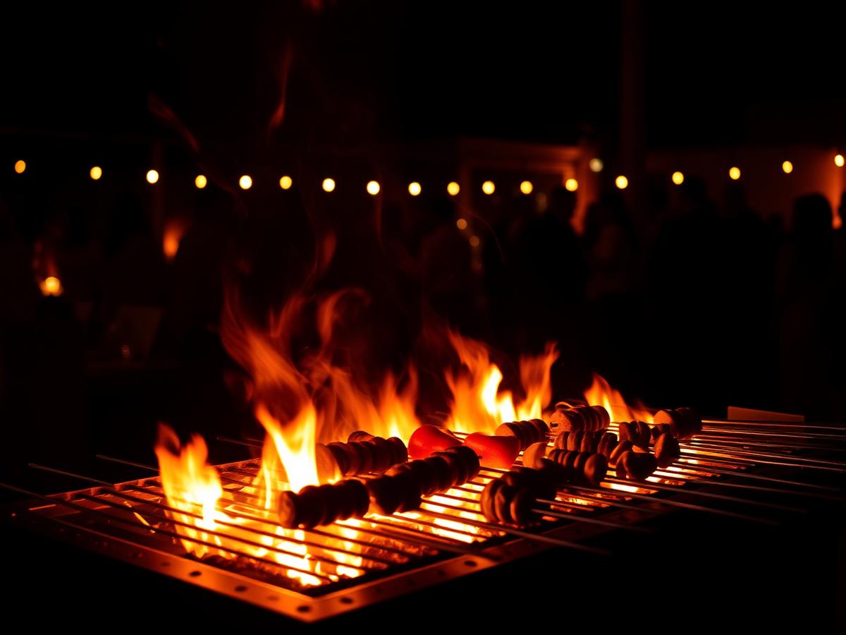 Brasero allumé lors d'un événement, cuisson au feu de bois