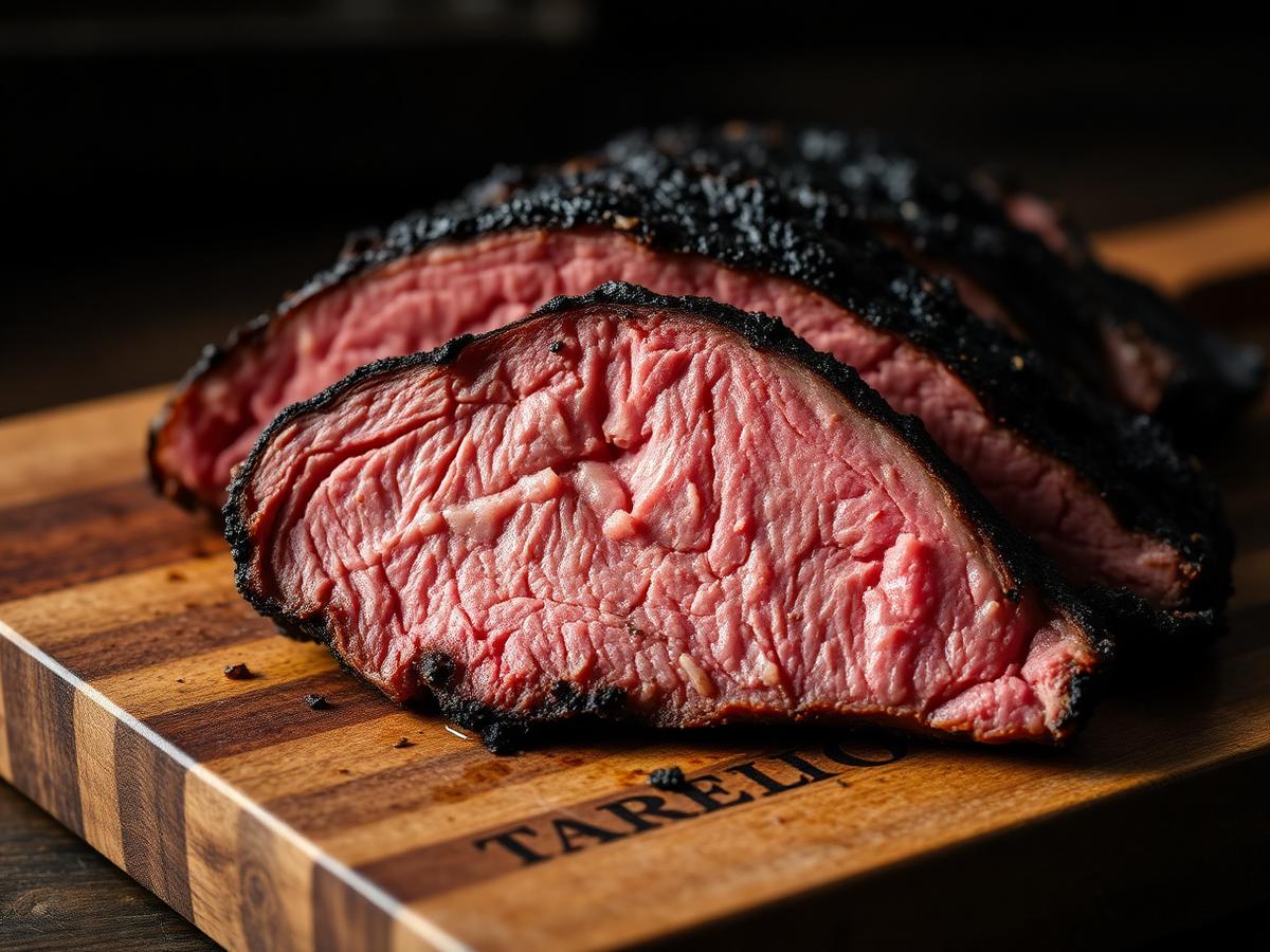 Brisket fumé tranché, croûte noire et anneau de fumée