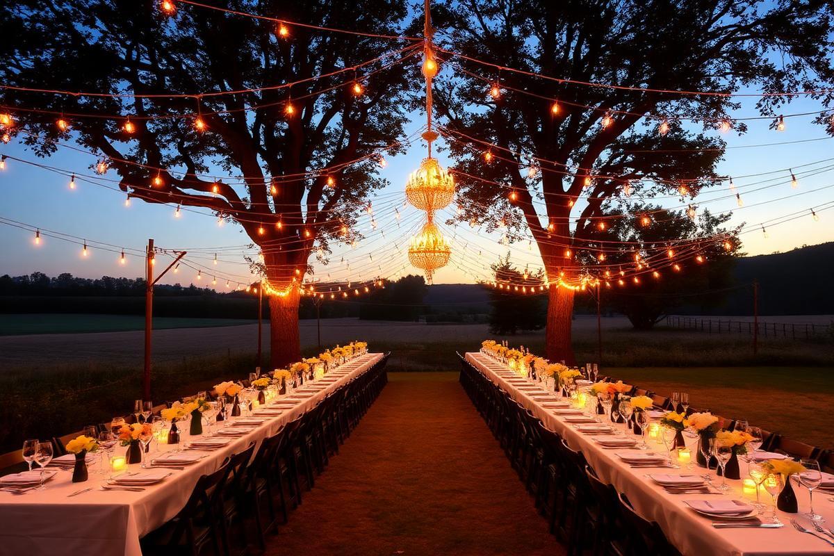 Réception de mariage en extérieur avec guirlandes lumineuses
